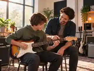 Student learning electric guitar with a music teacher